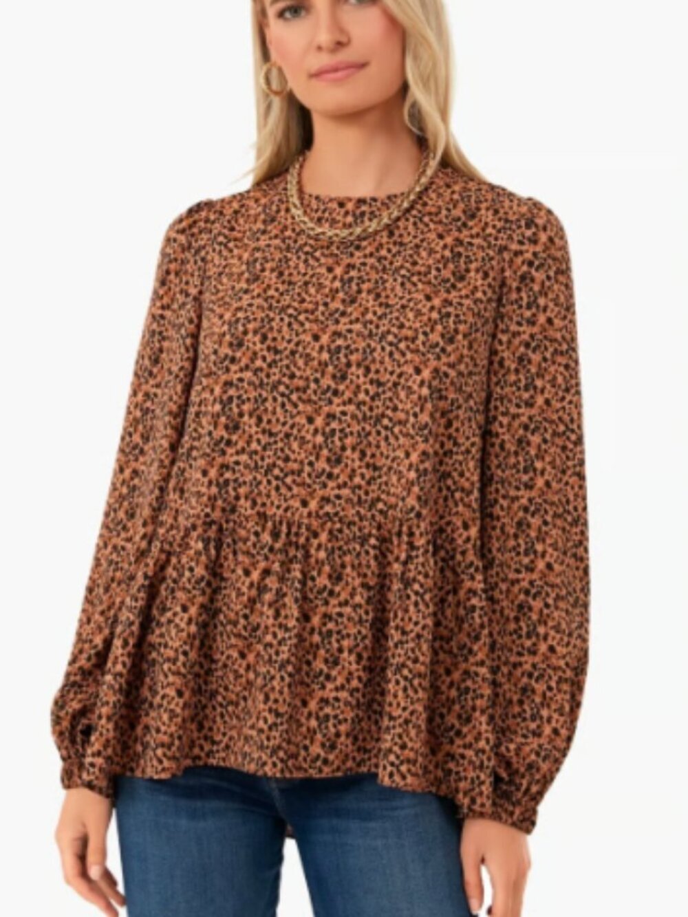 Pomander Place Tuckernuck Leopard Carlota Peplum Long Sleeve Flowy Blouse, Large